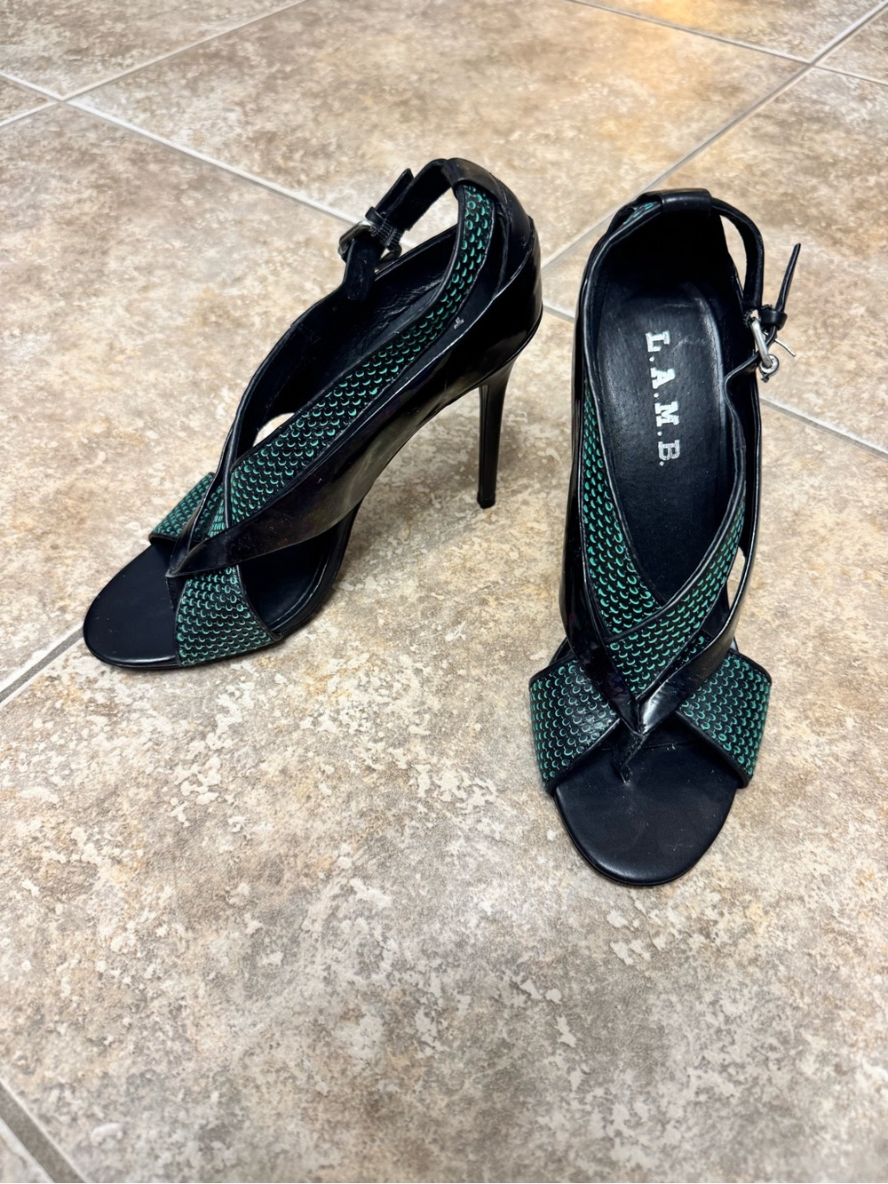 L.A.M.B. Black and Teal Iridescent Cross-Strap High Heel Sandals - Picture 3 of 8